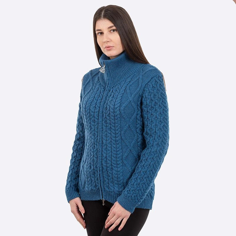 Women's Merino Zip Up Turtleneck Aran Jacket, Teal