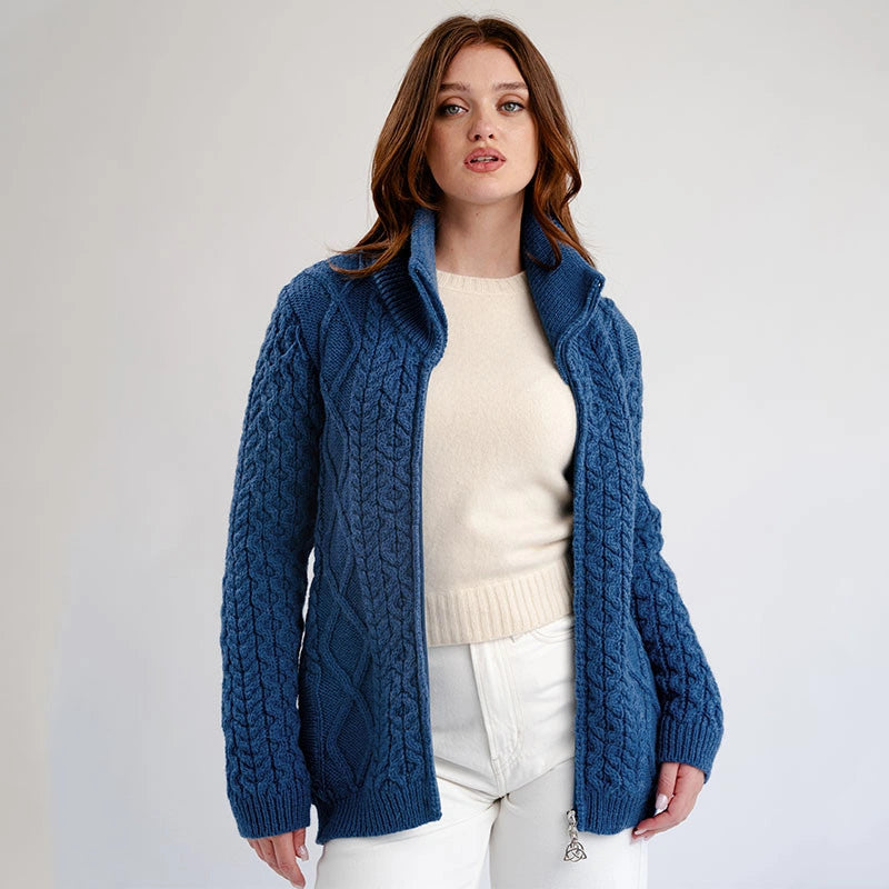 ML174-107 Women's Merino Zip Up Turtleneck Aran Jacket, Teal Opened Creative Irish Gifts
