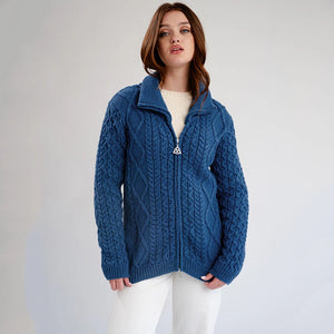 ML174-107 Women's Merino Zip Up Turtleneck Aran Jacket, Teal Creative Irish Gifts
