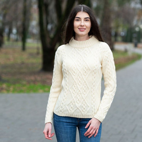 Women's Aran Cable Knit Sweater, White Creative Irish Gifts Front View