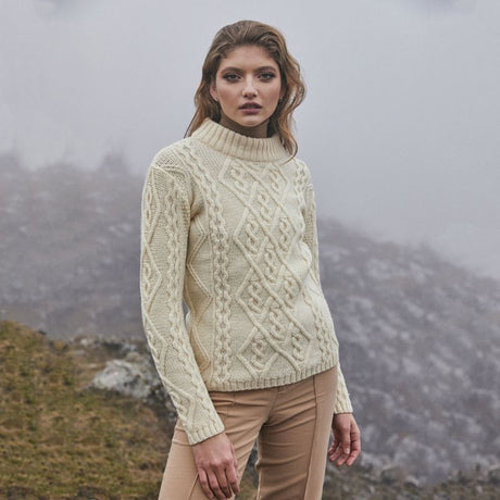 Women's Aran Cable Knit Sweater, White Lifestyle Creative Irish Gifts
