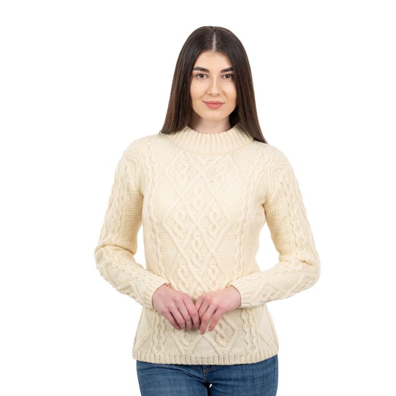 Women's Aran Cable Knit Sweater, White Front View Creative Irish Gifts