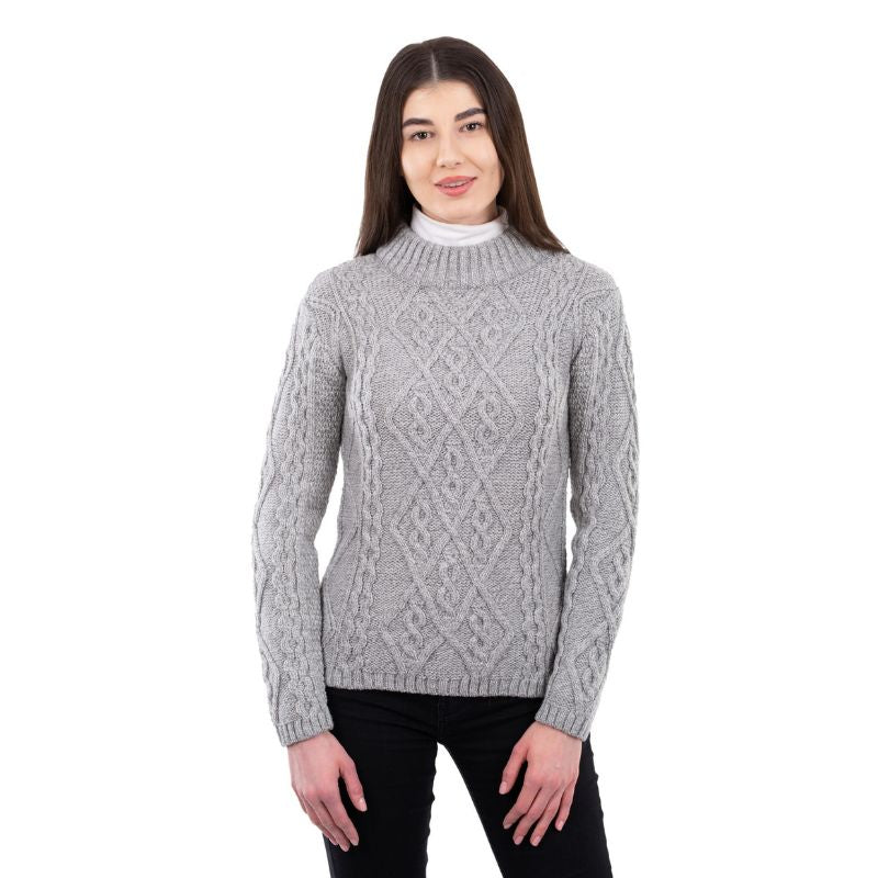 Women's Aran Cable Knit Sweater, Front View Creative Irish Gifts