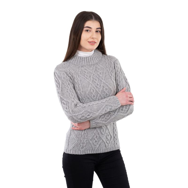Women's Aran Cable Knit Sweater, Grey Side View Creative Irish Gifts