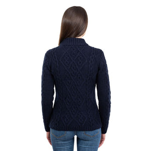 Women's Aran Cable Knit Sweater, Navy Back View Creative Irish Gifts