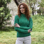 Women's Aran Cable Knit Sweater, Green Creative Irish Gifts Front View