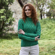 Women's Aran Cable Knit Sweater, Green Creative Irish Gifts Front View