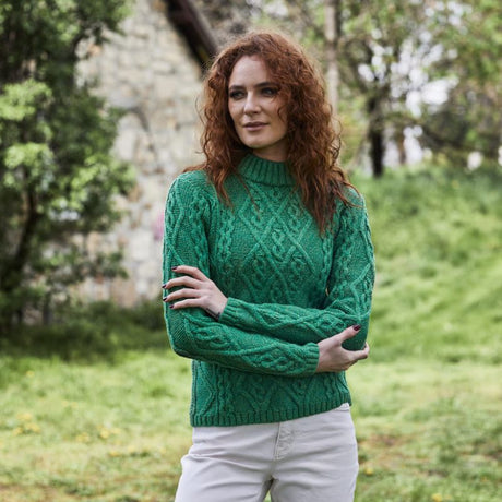Women's Aran Cable Knit Sweater, Green Creative Irish Gifts Front View