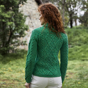 Women's Aran Cable Knit Sweater, Green Back View Creative Irish Gifts