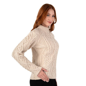 Women's Aran Cable Knit Sweater, Parsnip side view Creative Irish Gifts