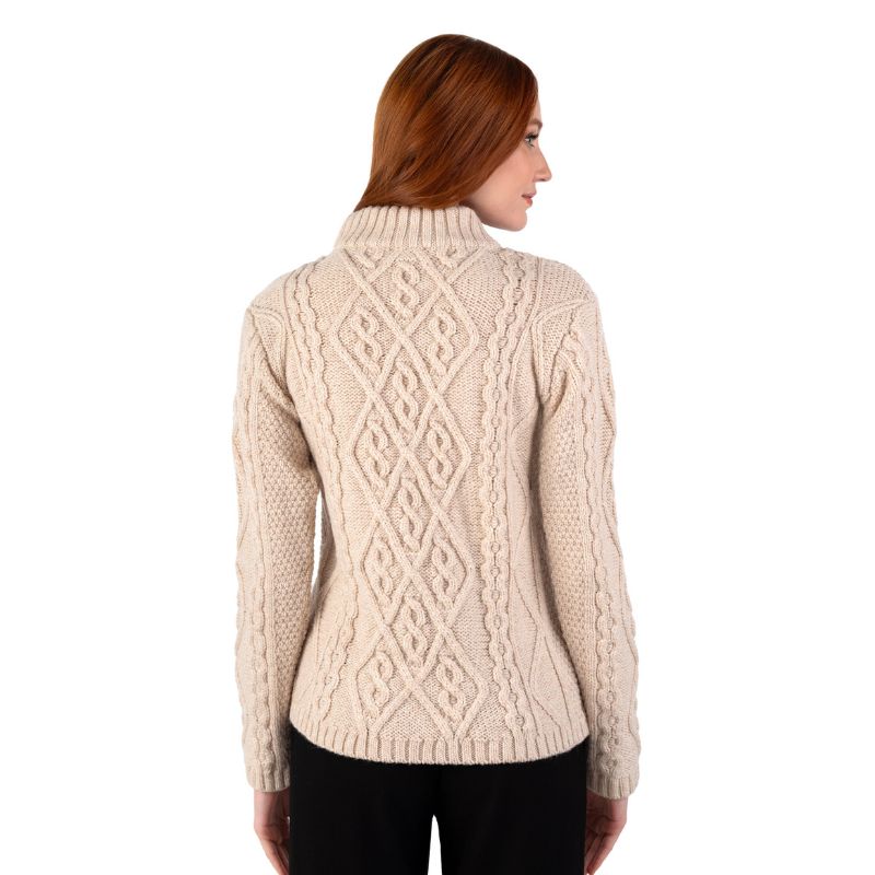 Women's Aran Cable Knit Sweater, Parsnip Back View Creative Irish Gifts