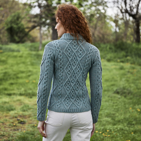 Women's Aran Cable Knit Sweater, Skylight - Creative Irish Gifts Back View