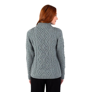 ML905-113 Women's Diamond Knit Aran Sweater, Skylight Back View Creative Irish Gifts
