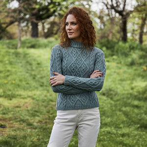 Women's Aran Cable Knit Sweater, Skylight - Creative Irish Gifts