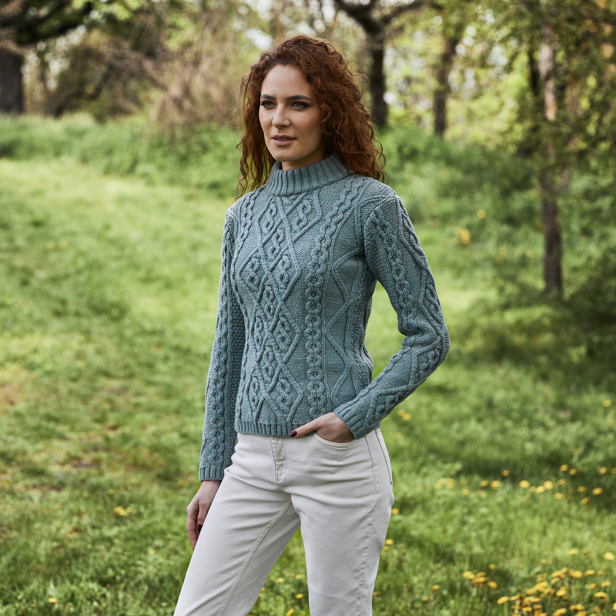 Women's Aran Cable Knit Sweater, Skylight - Creative Irish Gifts