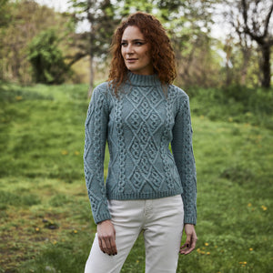 Women's Aran Cable Knit Sweater, Skylight - Creative Irish Gifts Front View