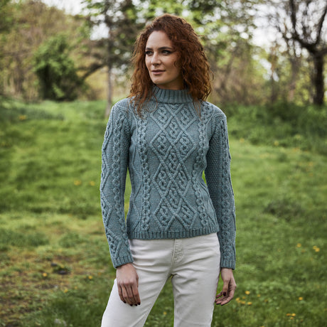 Women's Aran Cable Knit Sweater, Skylight - Creative Irish Gifts Front View