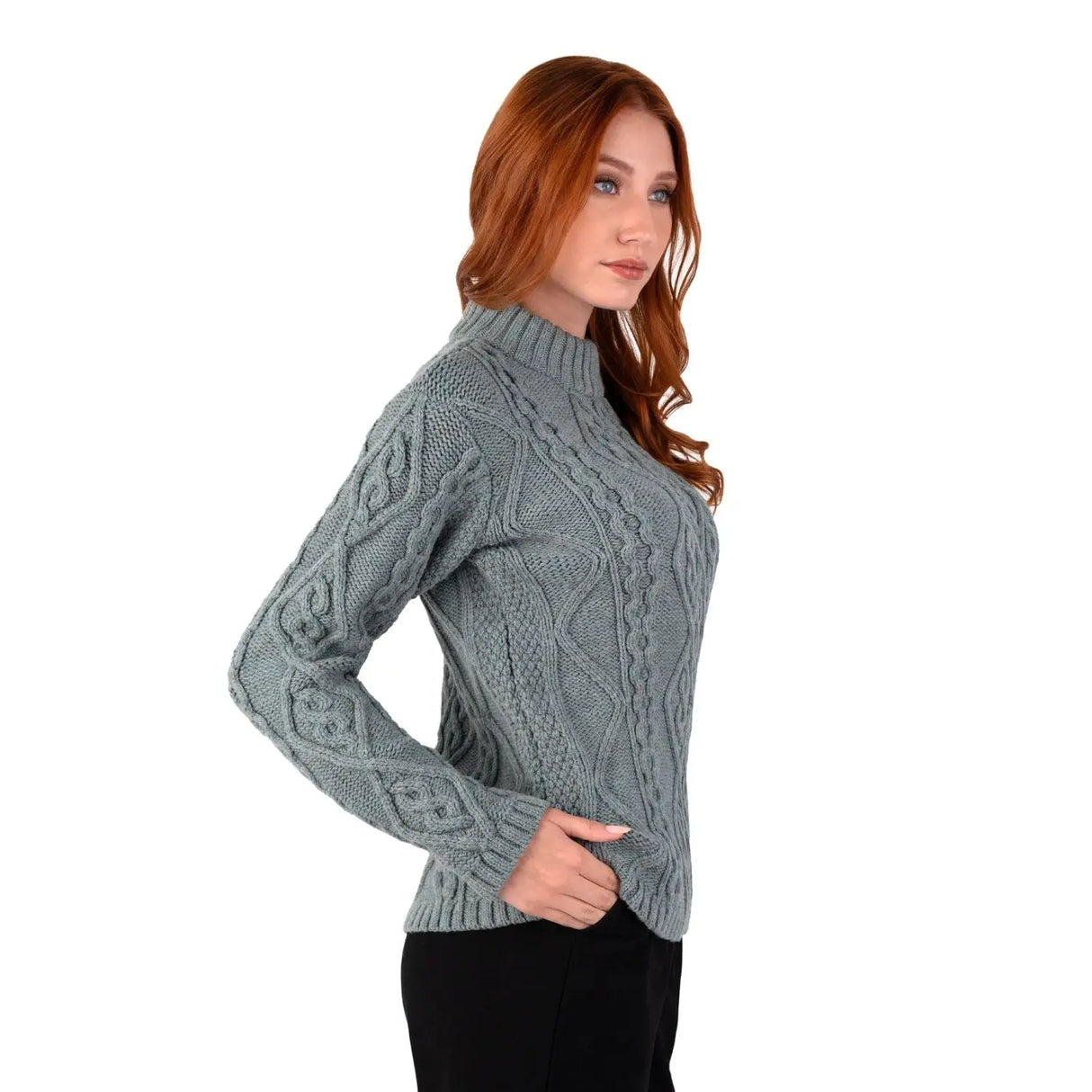 ML905-113 Women's Diamond Knit Aran Sweater, Skylight Side View Creative Irish Gifts
