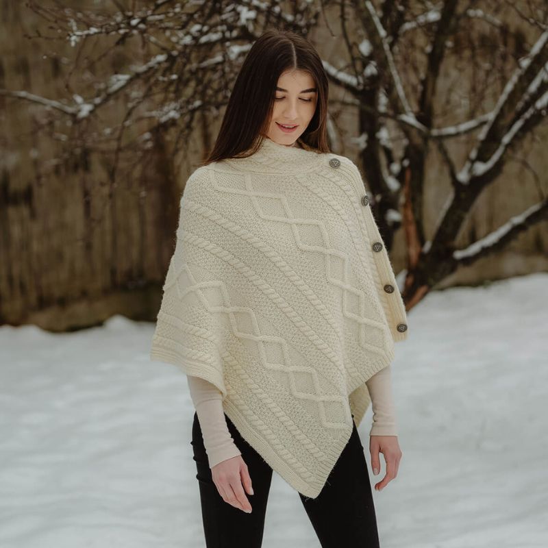 Aran Cowl Neck Poncho with Side Buttons White Lifestyle Creative Irish Gift