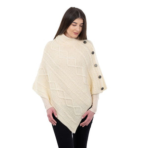 Aran Cowl Neck Poncho with Side Buttons White Front View Creative Irish Gift