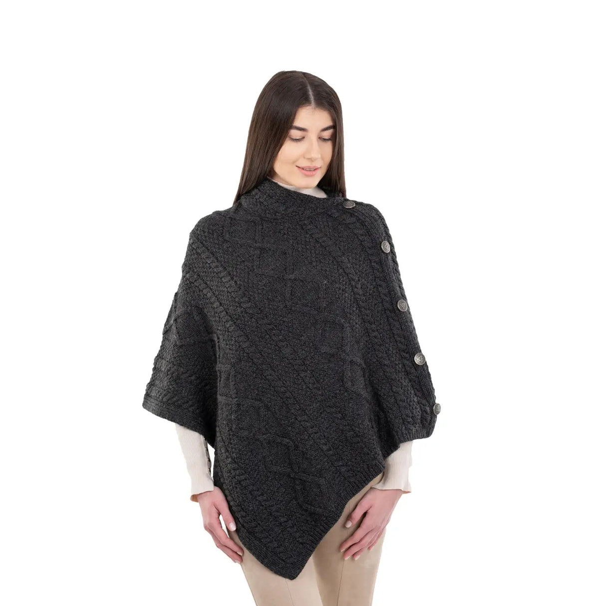 ML906-101 Aran Cowl Neck Poncho with Side Buttons Creative Irish Gifts
