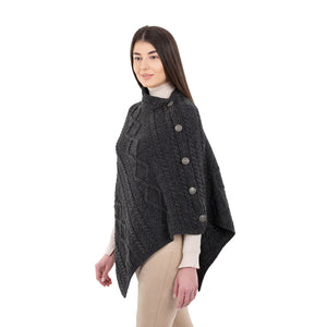 ML906-101 Aran Cowl Neck Poncho with Side Buttons Studio Creative Irish gift