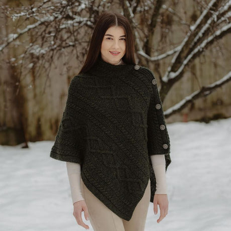 Aran Cowl Neck Poncho with Side Buttons Lifestyle Creative Irish Gift