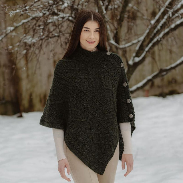 Aran Cowl Neck Poncho with Side Buttons Lifestyle Creative Irish Gift