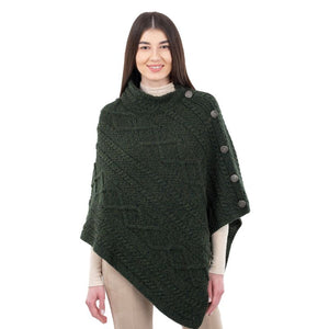 Aran Cowl Neck Poncho with Side Buttons Army Green Front Creative Irish Gift