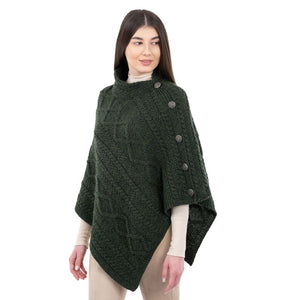 Aran Cowl Neck Poncho with Side Buttons Green Side Creative Irish Gift