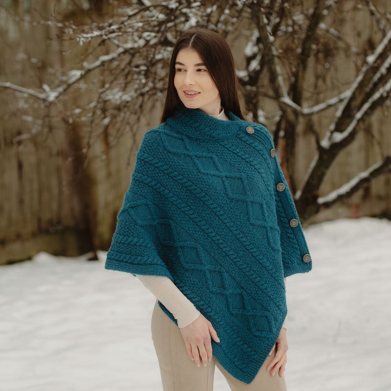 Aran Cowl Neck Poncho with Side Buttons Teal Lifestyle Creative Irish Gift