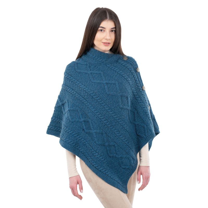 Aran Cowl Neck Poncho with Side Buttons Teal Front View Creative Irish Gift