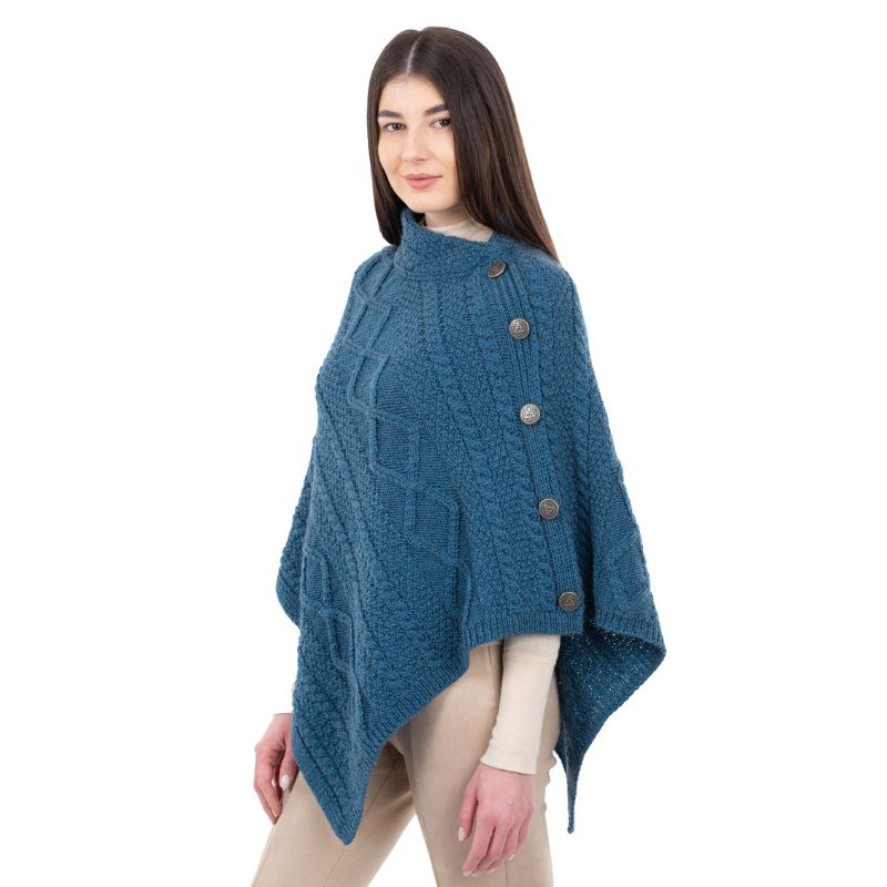 Aran Cowl Neck Poncho with Side Buttons Teal Side View Creative Irish Gift