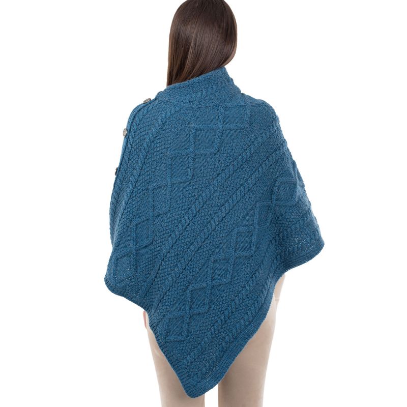 Aran Cowl Neck Poncho with Side Buttons Teal Back View Creative Irish Gift