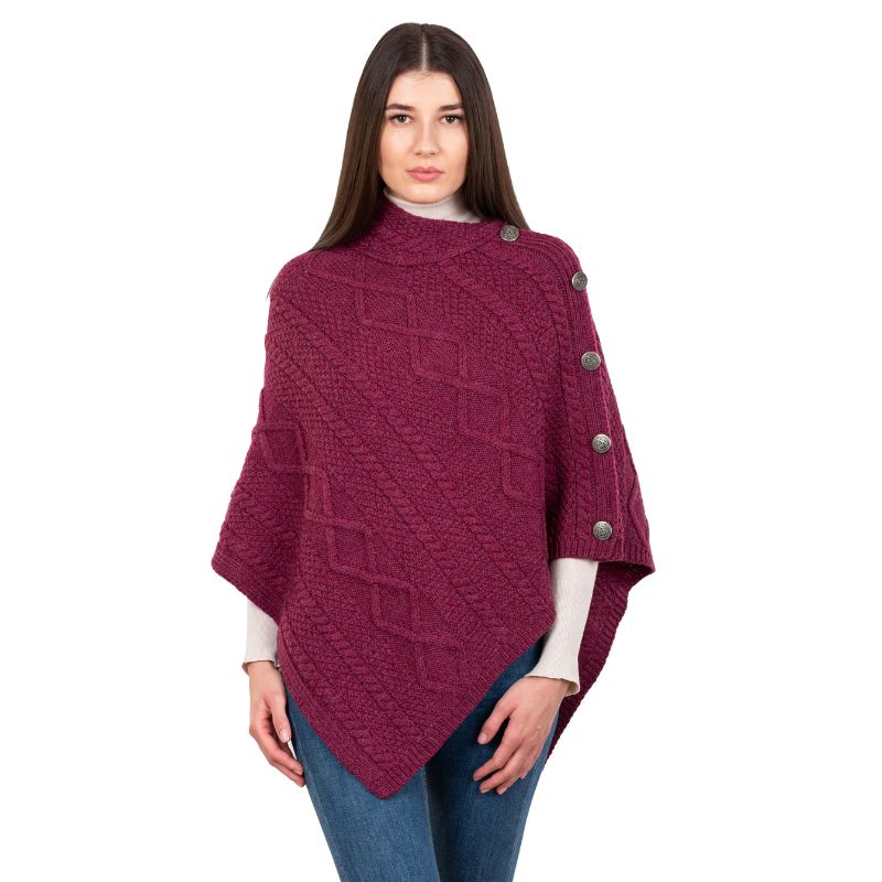 Aran Cowl Neck Poncho with Side Buttons Red Creative Irish Gift