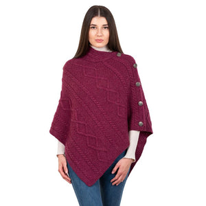 Aran Cowl Neck Poncho with Side Buttons Red Creative Irish Gift
