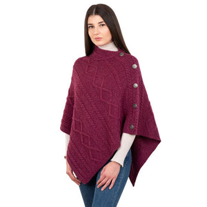 Aran Cowl Neck Poncho with Side Buttons Red Side View Creative Irish Gift