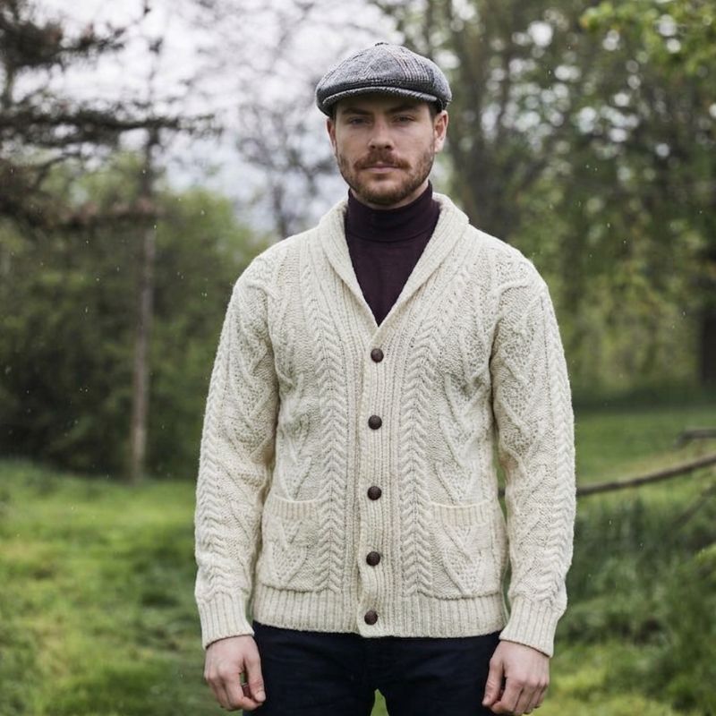 Men's Shawl Collar Cardigan, White Front Creative Irish Gifts
