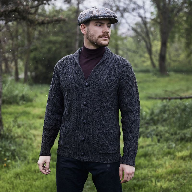 Men's Shawl Collar Cardigan, Charcoal Front Creative Irish Gifts