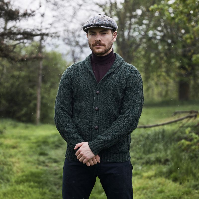 Men's Shawl Collar Cardigan, Army Green Front View Creative Irish Gifts