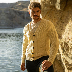 Men's V-Neck Cable Cardigan, White Lifestyle  Creative Irish Gifts