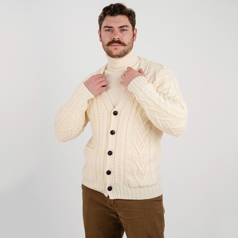 Men's V-Neck Cable Cardigan, White Front View Creative Irish Gifts