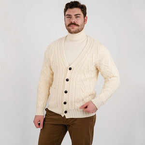 Men's V-Neck Cable Cardigan, White Studio Creative Irish Gifts