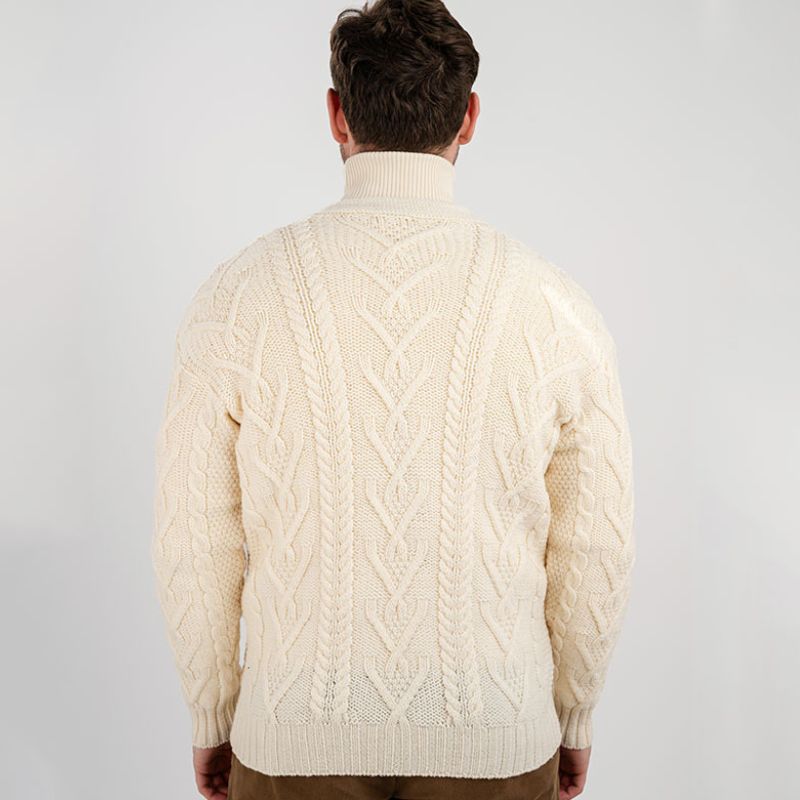 Men's V-Neck Cable Cardigan, White Back View Creative Irish Gifts