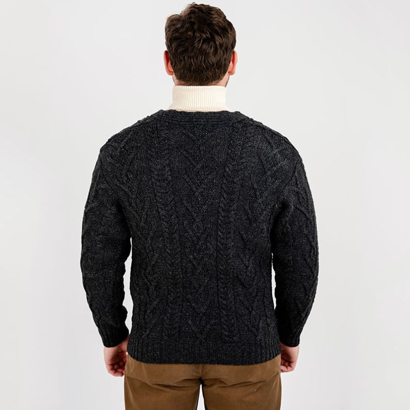 Men's V-Neck Cable Cardigan, Charcoal Back View Creative Irish Gifts