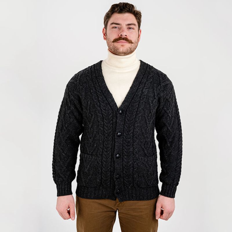 Men's V-Neck Cable Cardigan, Charcoal Creative Irish Gifts