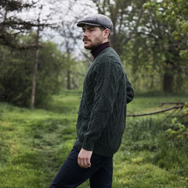 Men's V-Neck Cable Cardigan, Green Side View Creative Irish Gifts