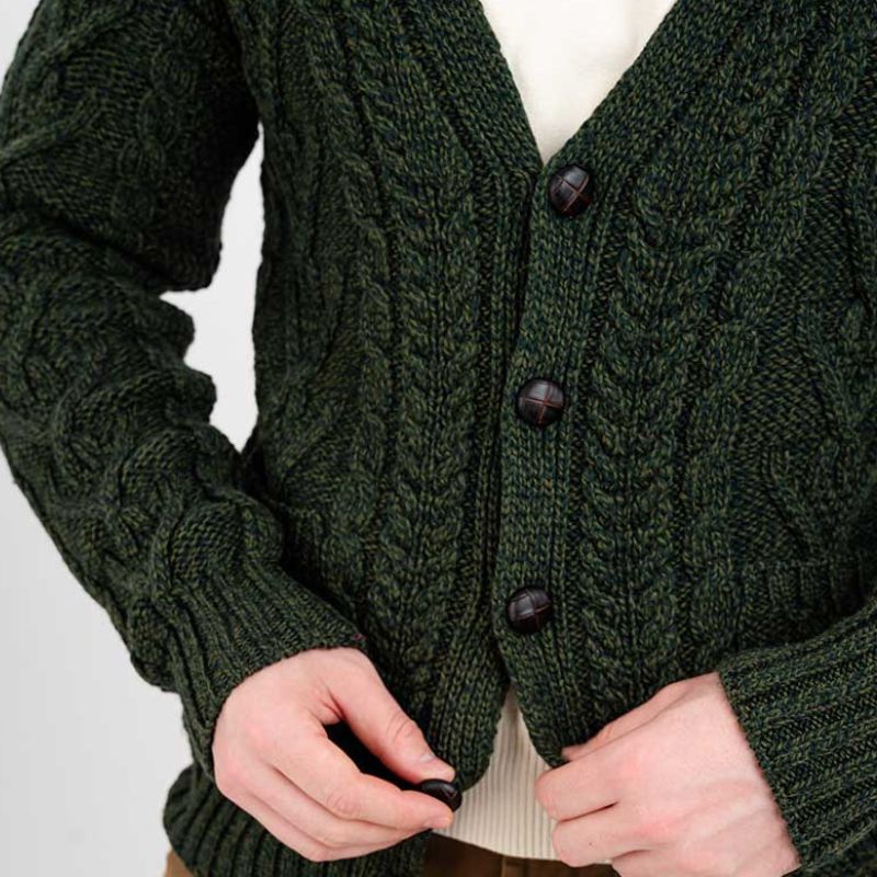 Men's V-Neck Cable Cardigan, Green Studio Creative Irish Gifts