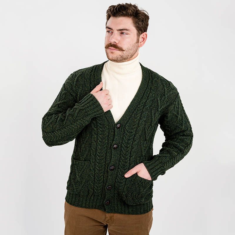 Men's V-Neck Cable Cardigan, Green Studio Creative Irish Gifts