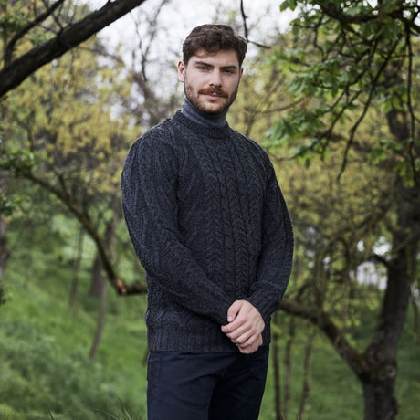 Traditional Aran Fisherman Sweater with Ribbed Crew Neck
